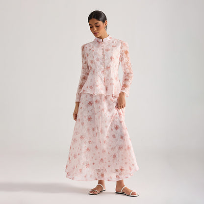 rebecca pink Floral embroidered long-sleeve top skirt set