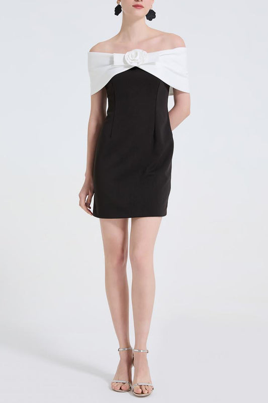 sandra off-shoulder 3d flower mini dress in black