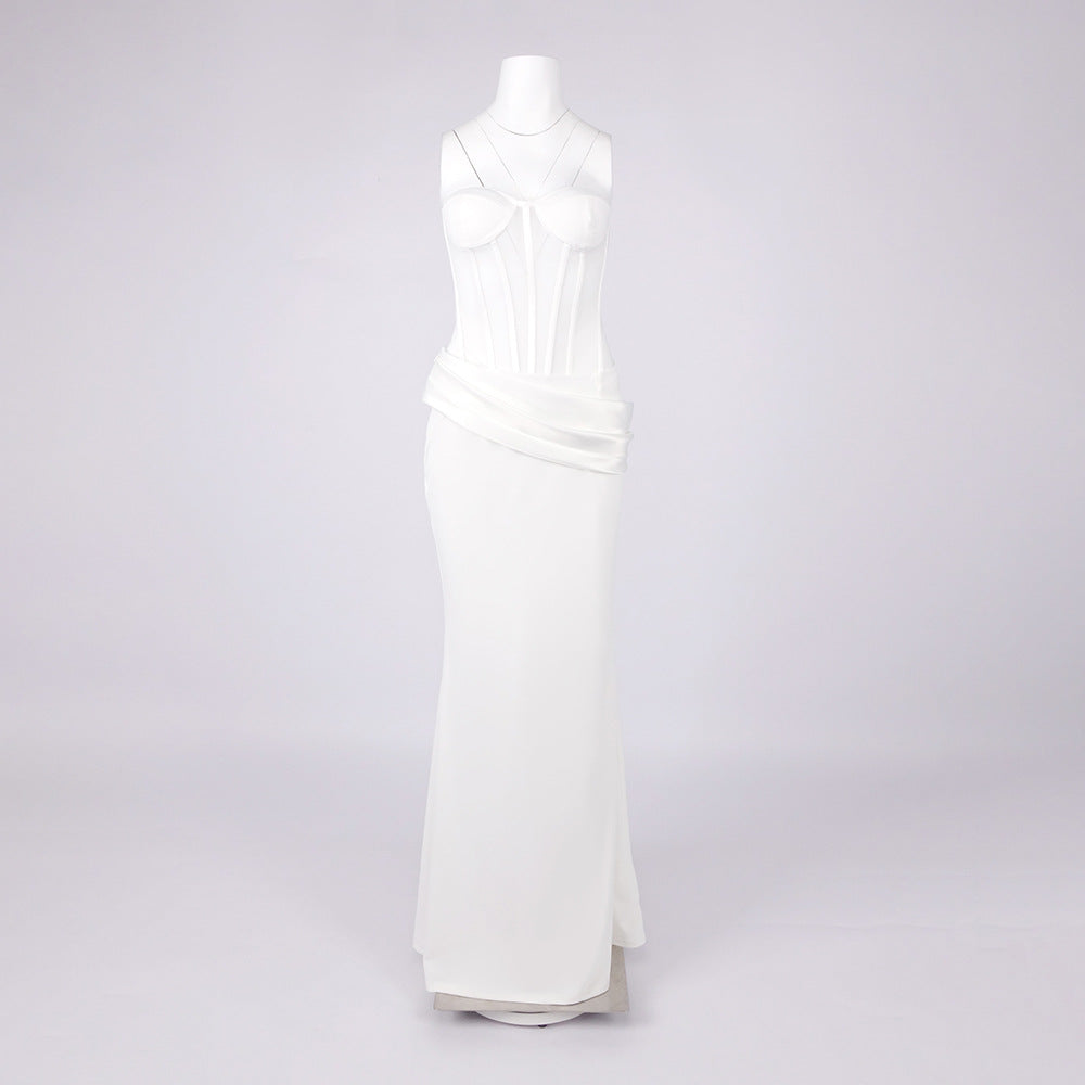 priscilla Strapless Veiled Corset Maxi Dress in white