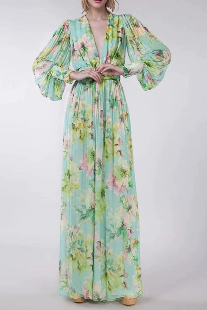 V Neck floral print chiffon maxi dress in green