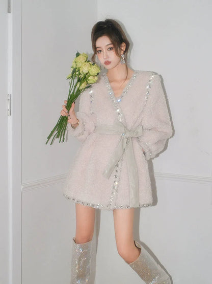 Joy V-Neck Long Sleeve Diamond Stud Coat