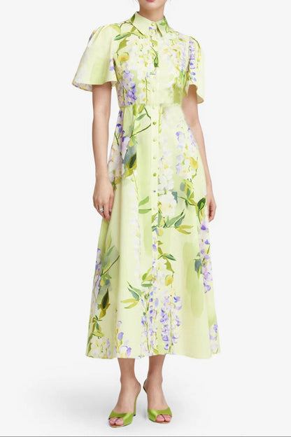 polo neck short-sleeved floral satin lemon yellow A-line dress