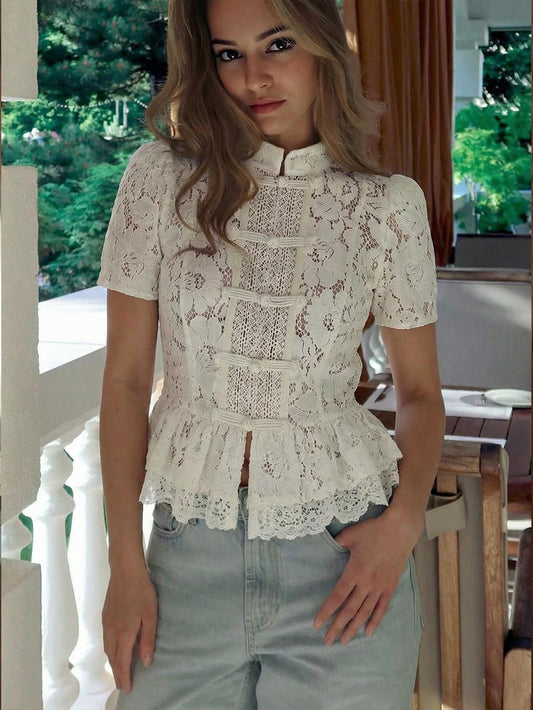 white lace stand-up collar tops
