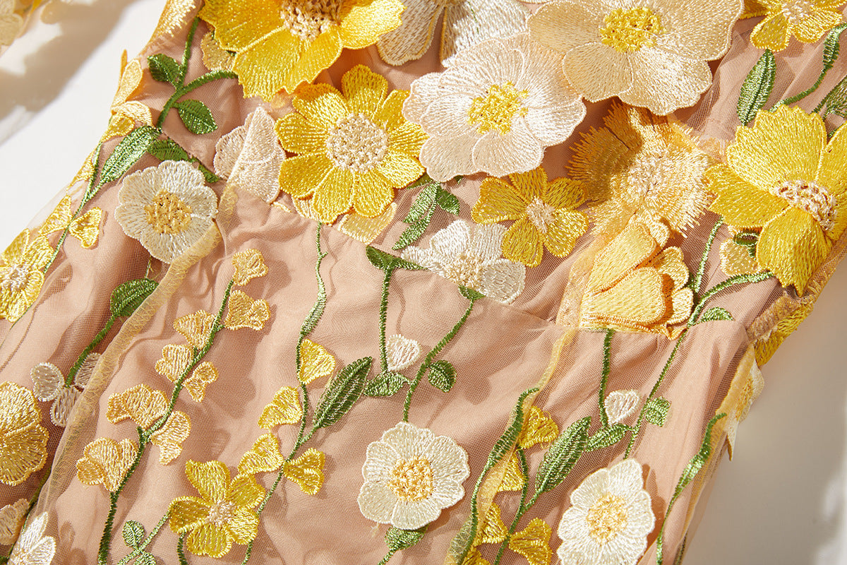 CAROL YELLOW FLORAL EMBROIDERY MESH LONG SLEEVE MIDI DRESS