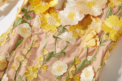 CAROL YELLOW FLORAL EMBROIDERY MESH LONG SLEEVE MIDI DRESS