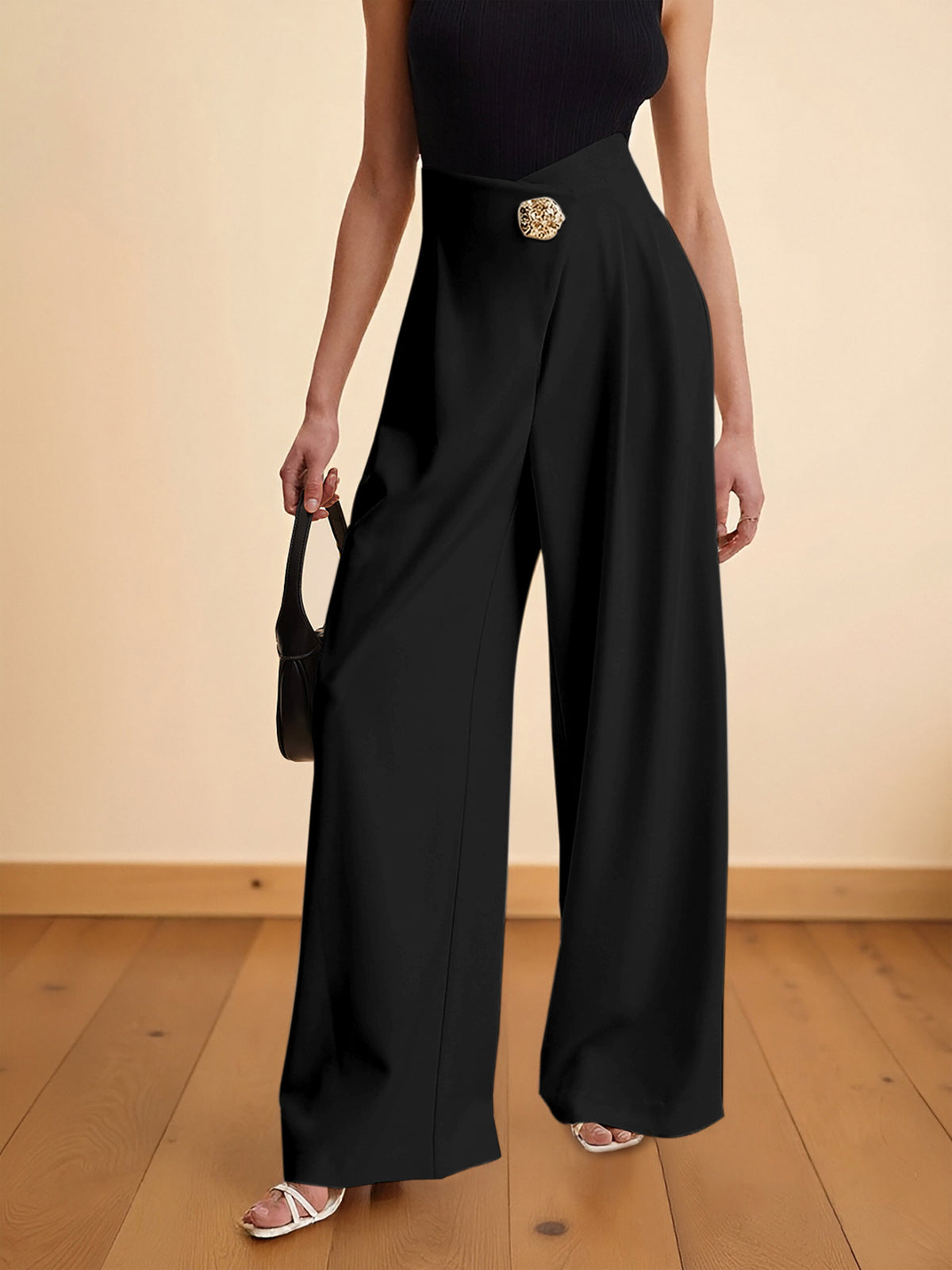 High Waist Wrap Front Gold Ornate Button Wide Leg Trousers