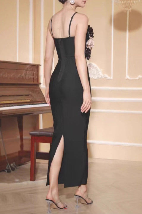 teresa 3d flower Spaghetti strap maxi dress in black