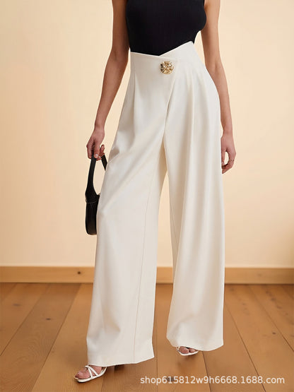 High Waist Wrap Front Gold Ornate Button Wide Leg Trousers