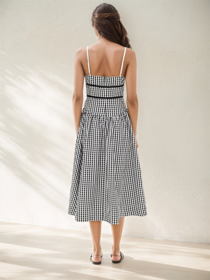 Black White Gingham Ruffle Cami Self-Tie Waist Flowy Midi Dress