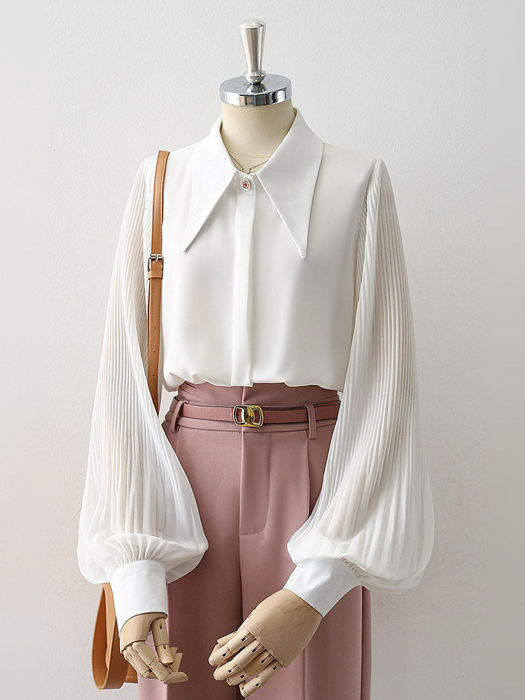Oversized Point Collar Mixed Fabric Pleated Lantern Sleeve Satin Blouse