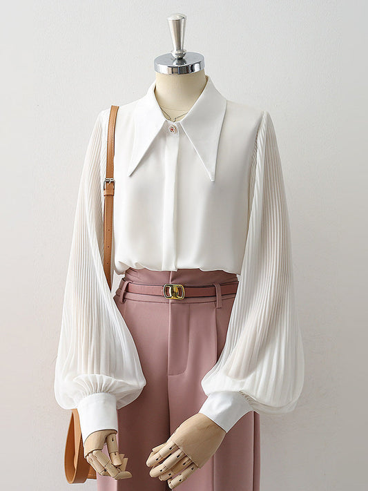 Oversized Point Collar Mixed Fabric Pleated Lantern Sleeve Satin Blouse