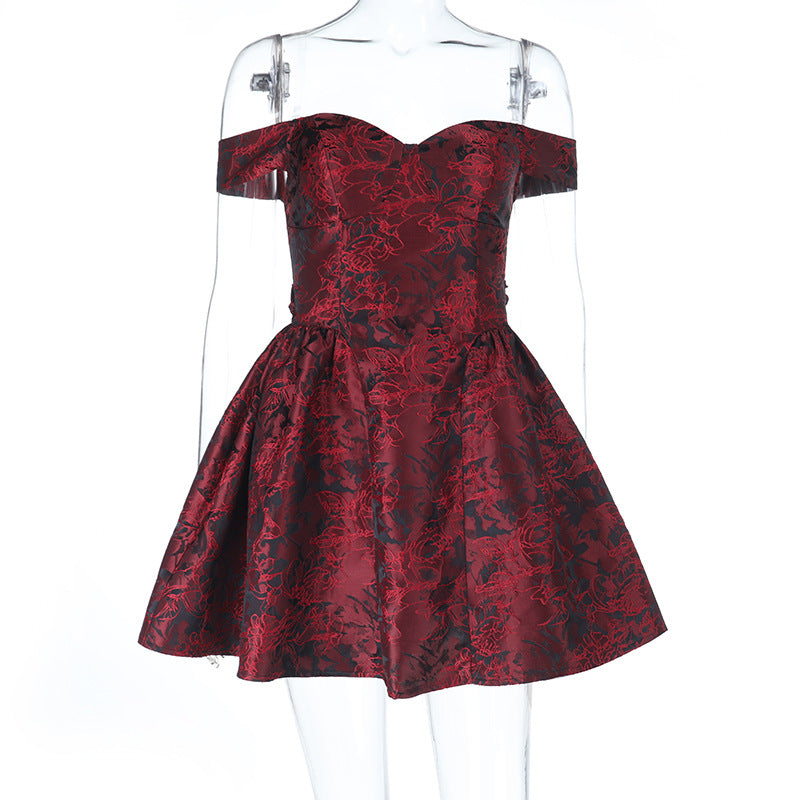 Jacquard slim waist strapless puffy mini dress in wine red