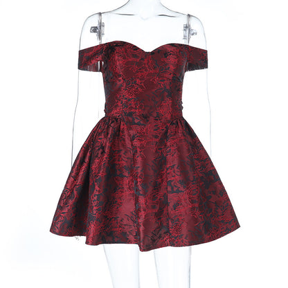 Jacquard slim waist strapless puffy mini dress in wine red