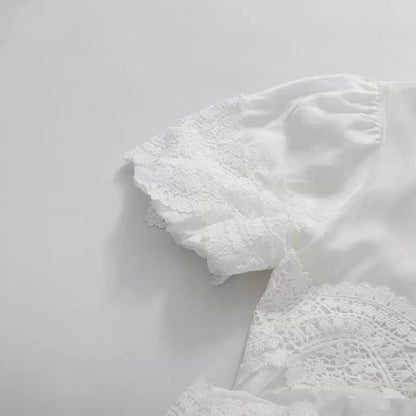 White Mandarin Collar Puff Sleeve Tiered Lace Midi Dress with Waist Sash