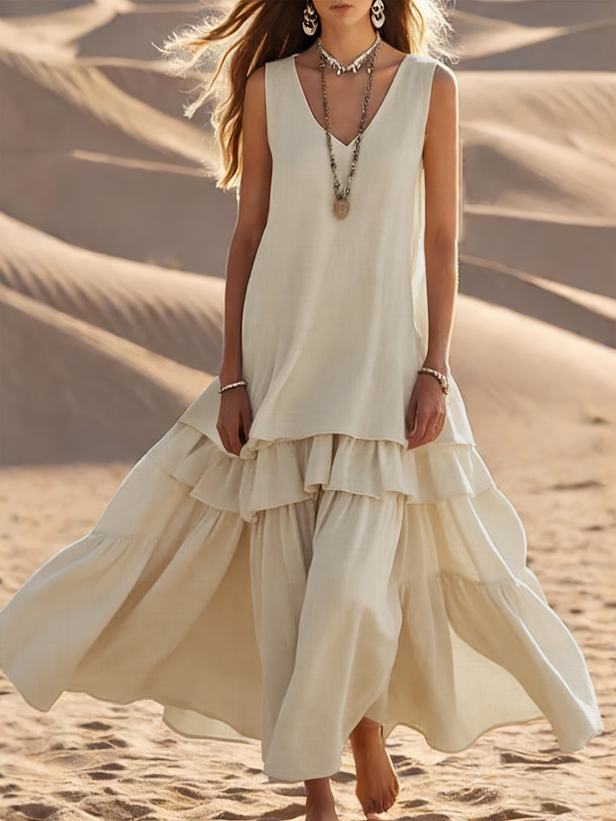 Sleeveless V-Neck Tiered Ruffle Maxi Dress