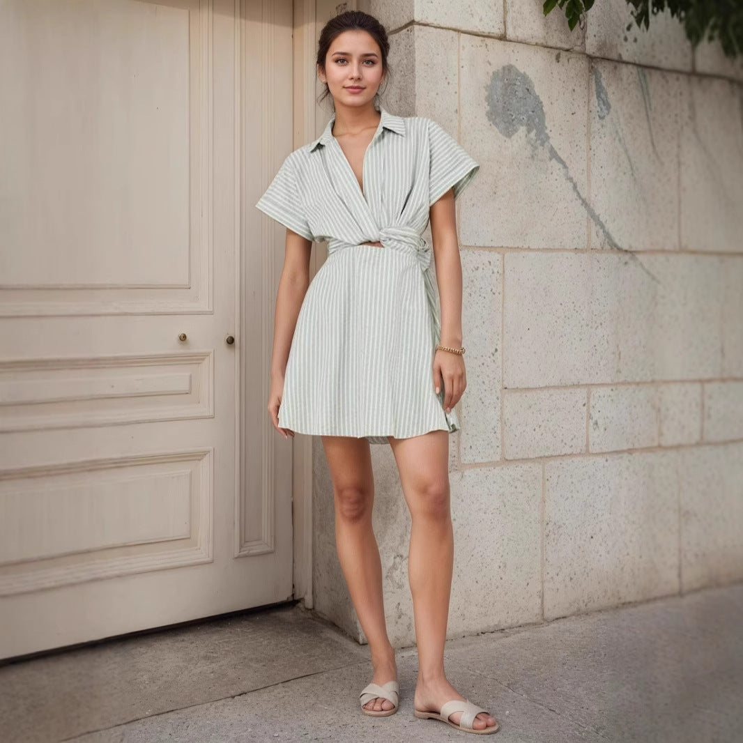 Mint White Stripe Collared Twist Waist Cutout Mini Shirt Dress