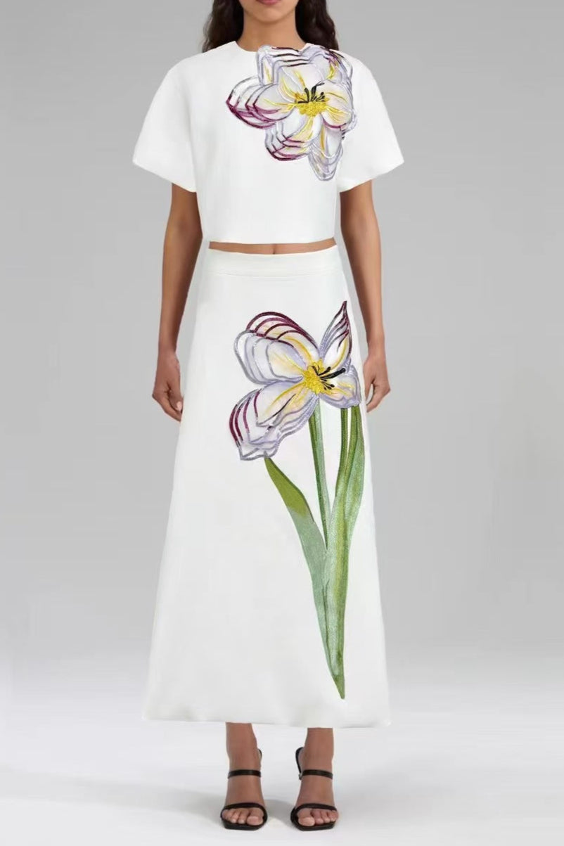 White Floral Embroidered midi dress Matching Set