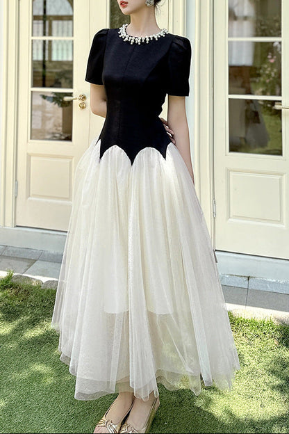 leona black-white Two-Tone rhinestone neck tulle maxi Dress