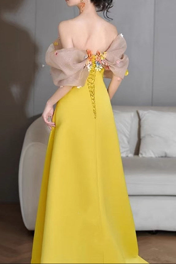 Bright Yellow Satin Strapless Maxi Gown With 3D Colorful Floral Tulle Bust