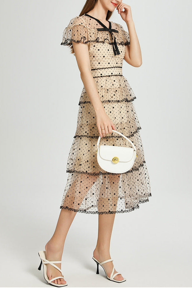 floral Embroidery pleated mesh midi dress in apricot