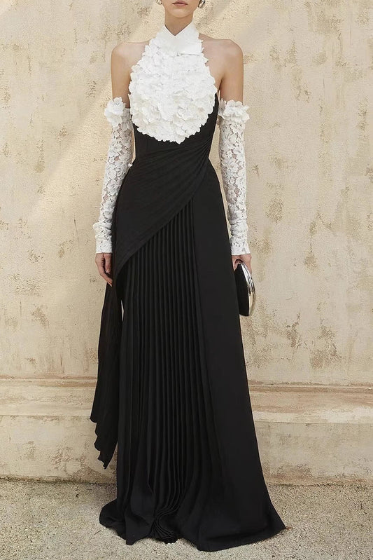 jenny Halter-neck 3d flower embroidery backless maxi dress - black