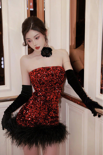 quintina Sequin Feather Strapless mini Dress in red