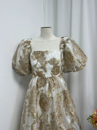 gold jacquard square neck puff sleeves puffy mini dress