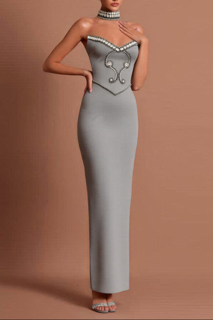 alyssa Gray Crystal Embellished Strapless Gown with Choker