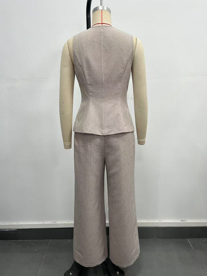 Khaki High Waist Front Slit Wide Leg Suit Pants Textured Linen Blend Office Trousers