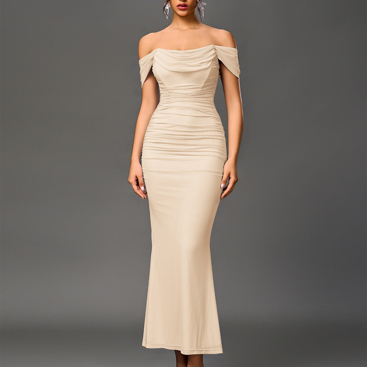 Off Shoulder Draped Cowl Ruched Mesh Mermaid Maxi Dress