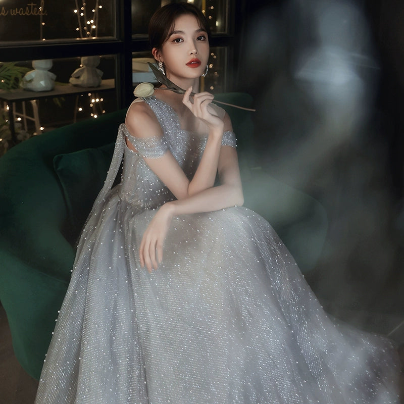 Dusty Blue one-shoulder pearl maxi evening dress