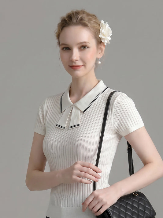 Striped Collar Bow Tie Ribbed Knit Short Sleeve Top