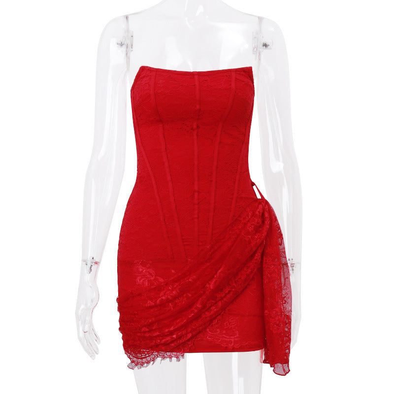 red Strapless Bandage Backless Floral Lace Corset Tube mini Dress
