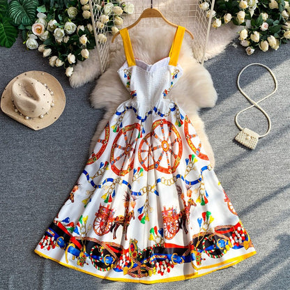 White Cotton Poplin Fit-and-Flare Midi Dress with Sicilian Carretto Print