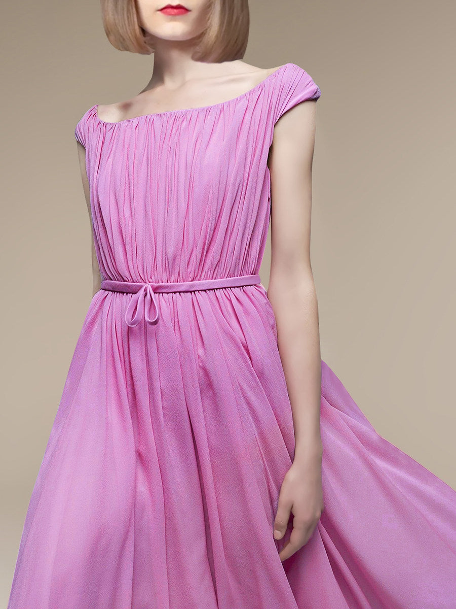 pink one-shoulder pleated dress