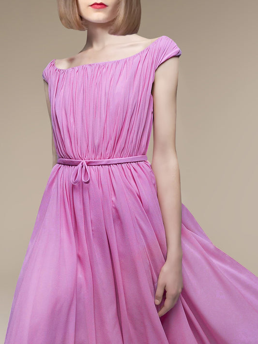 pink one-shoulder pleated dress