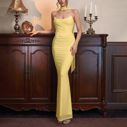 Choker Halter Ruched Mesh Midi Maxi Dress