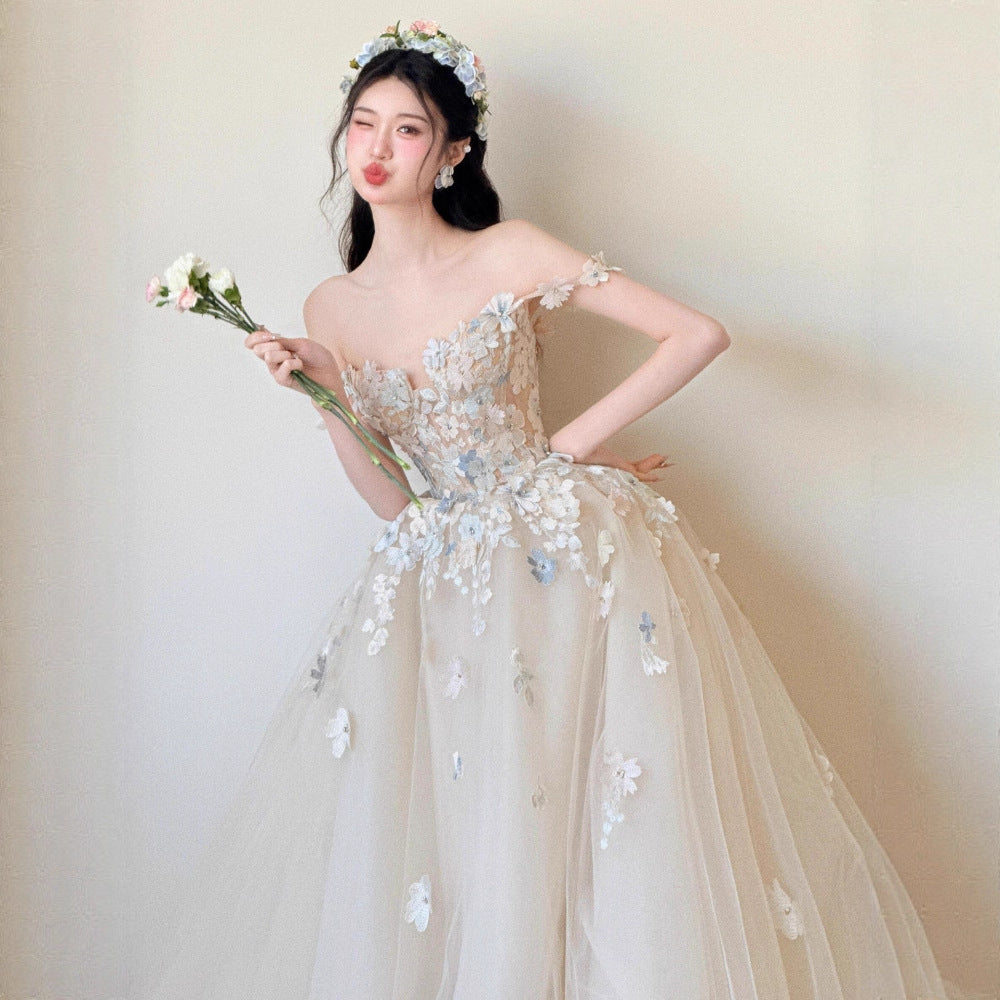 Off Shoulder 3D Floral Tulle Ball Gown Wedding Dress