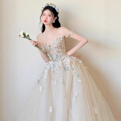 Off Shoulder 3D Floral Tulle Ball Gown Wedding Dress