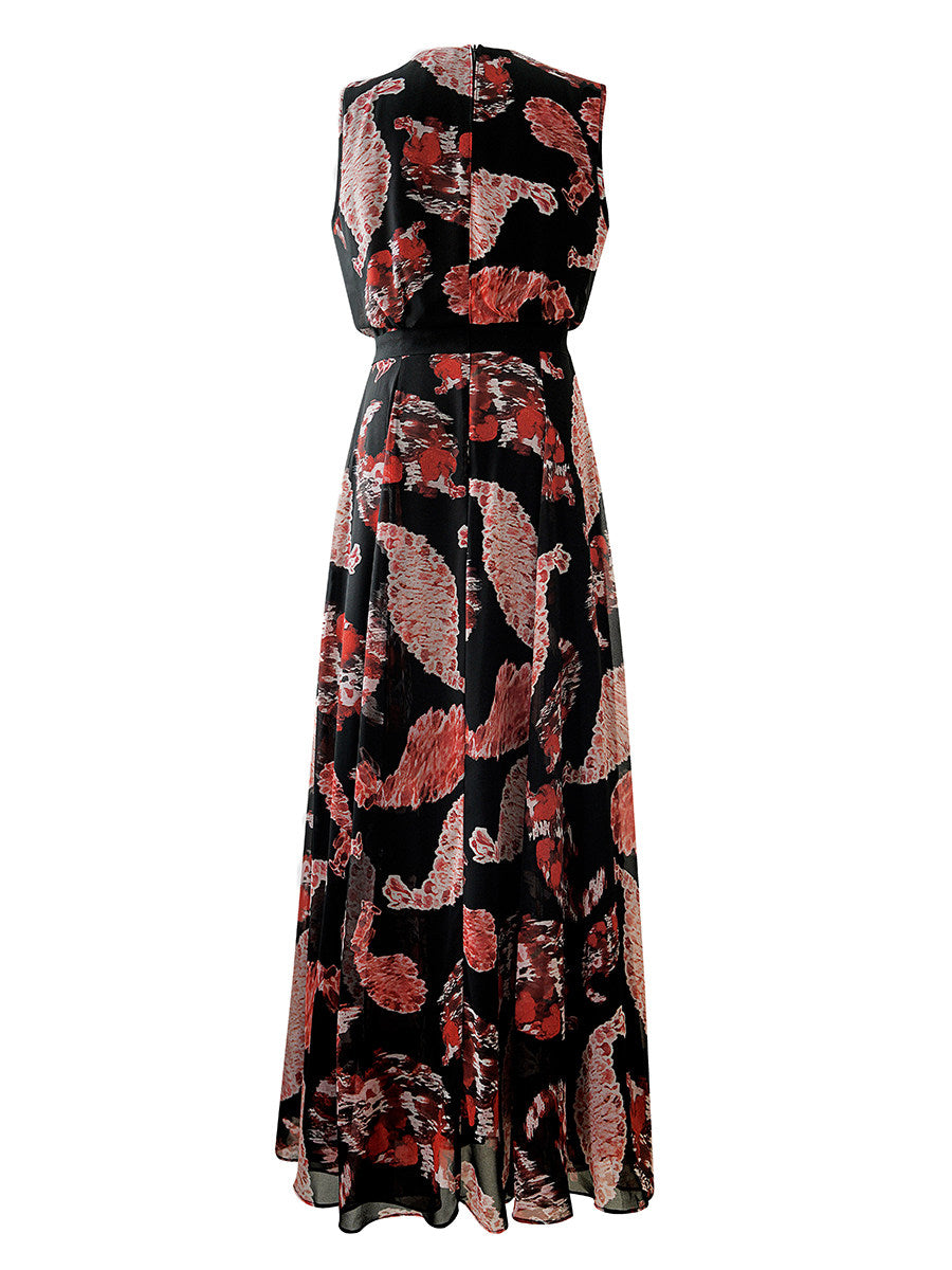 black printed  V-neck sleeveless maxi dress