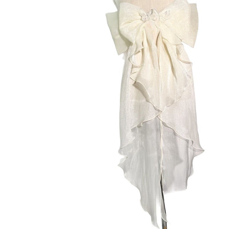 White Shimmer Organza Giant Bow Ruffle Long Trailing Bridal Waist Sash