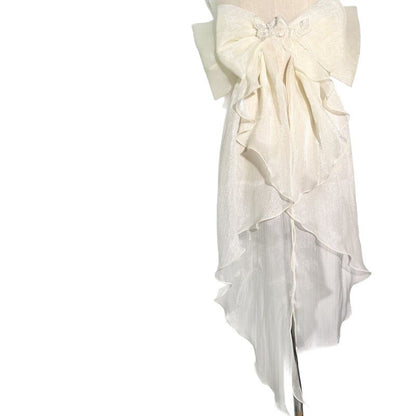 White Shimmer Organza Giant Bow Ruffle Long Trailing Bridal Waist Sash