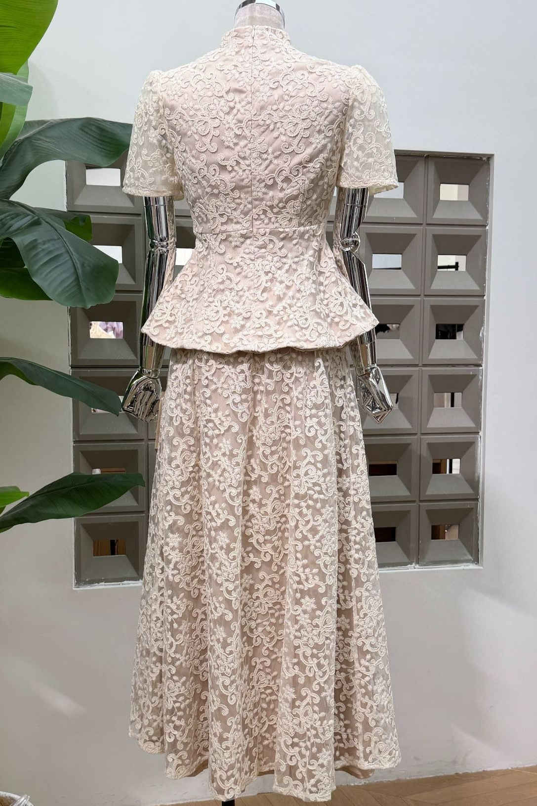 Ivory Lace Peplum Top & A-Line Maxi Skirt Two-Piece Set