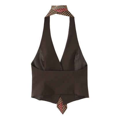 Print Tie Halter Sleeveless Waistcoat Top