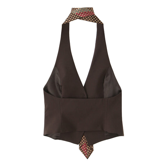 Print Tie Halter Sleeveless Waistcoat Top
