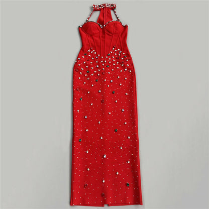 Red Crepe Sheath Dress with Embellished Halter Neck