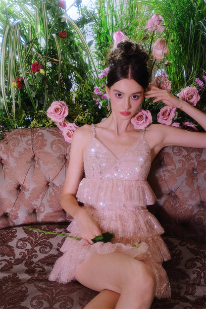 Pink Sleeveless Sequin layer ruffle short Dinner Dress