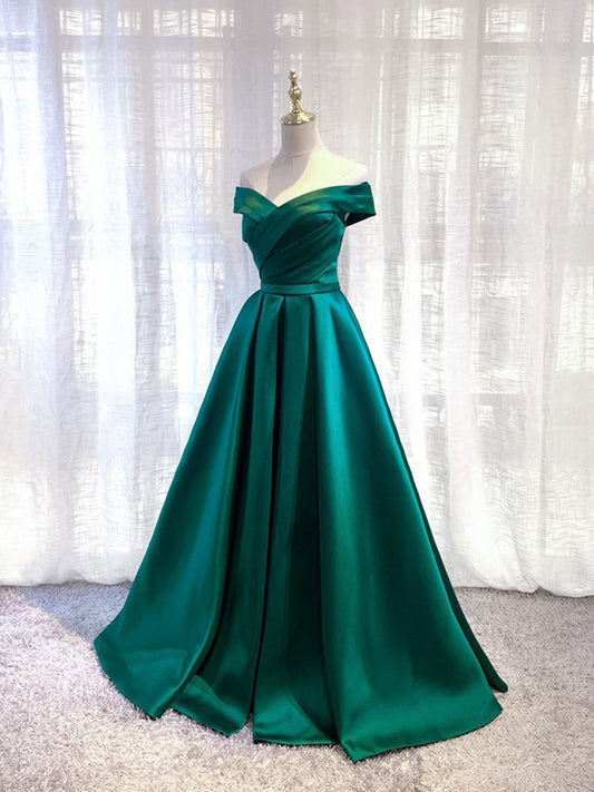 Simple green satin off shoulder dress
