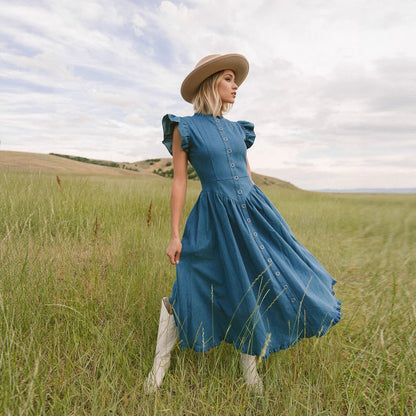 Blue Denim Ruffle Cap Sleeve Button Front Flared Midi Dress