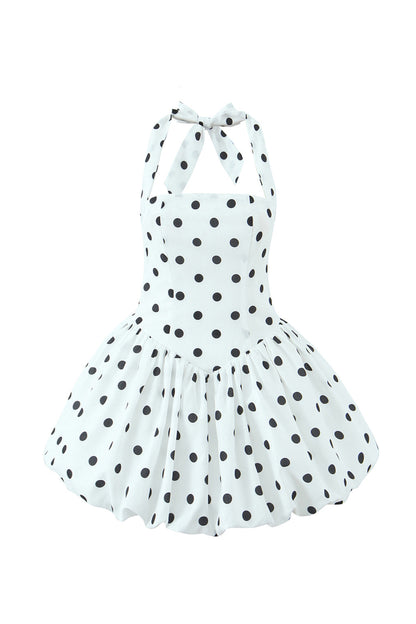 White Black Polka Dot Halter Square Neck Bubble Mini Dress